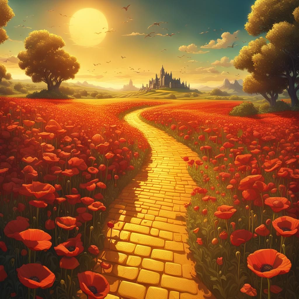 Poppy Field on Yellow Brick Road: Cinematic Digital Art
