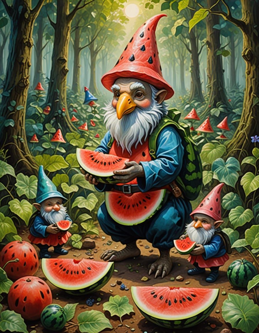 Whimsical Dodo Bird Eats Watermelon With Gnomes