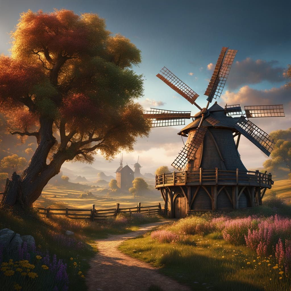 Rustic Windmill in Countryside: Fantasy Concept Art