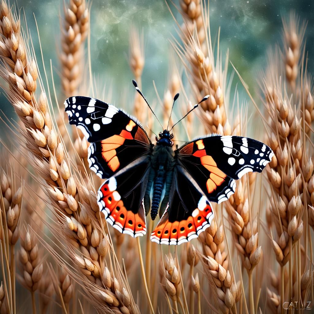Red Admiral Butterfly on Wheat in Pastel Hues