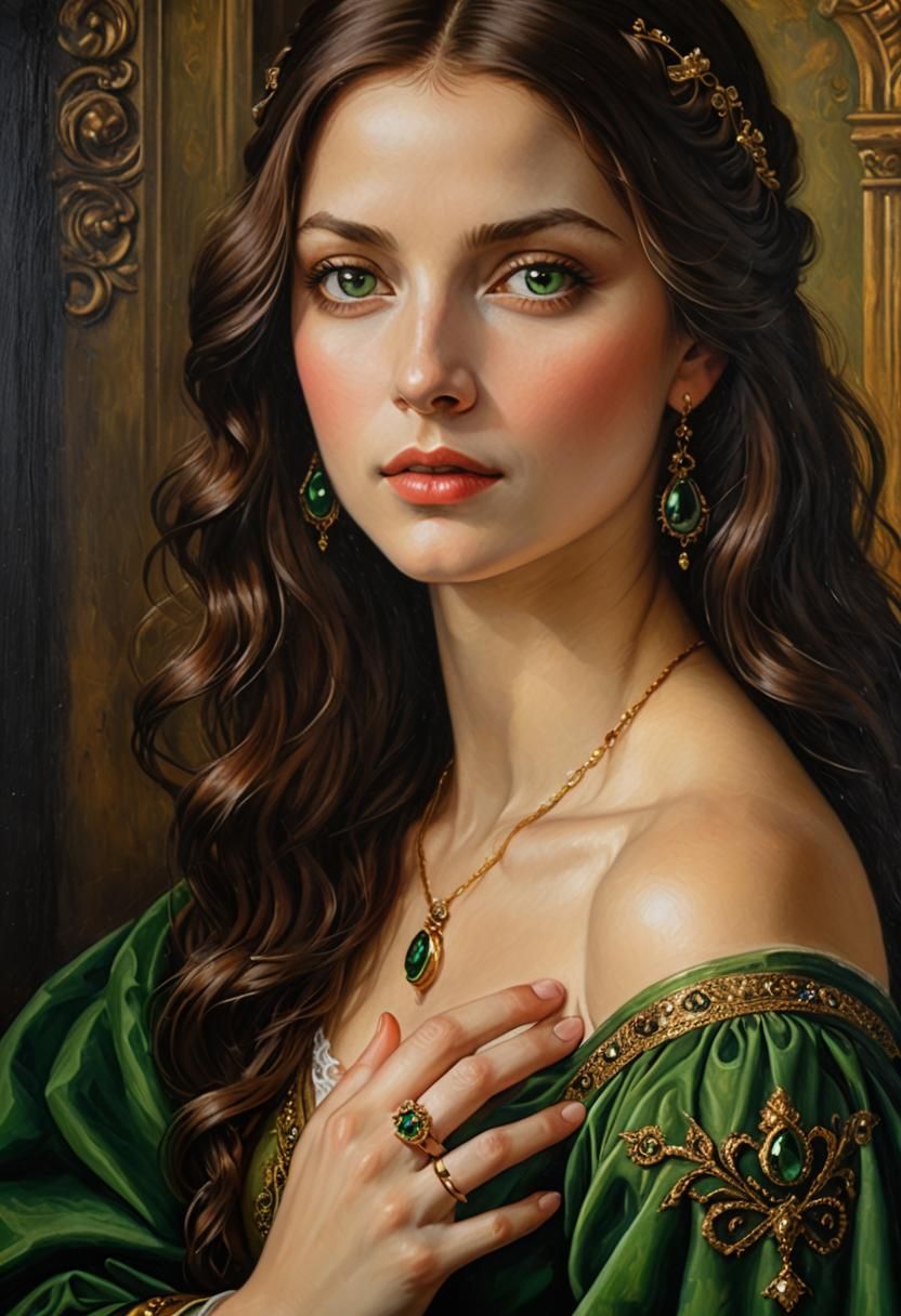Renaissance Portrait of Beautiful Woman with Green Eyes