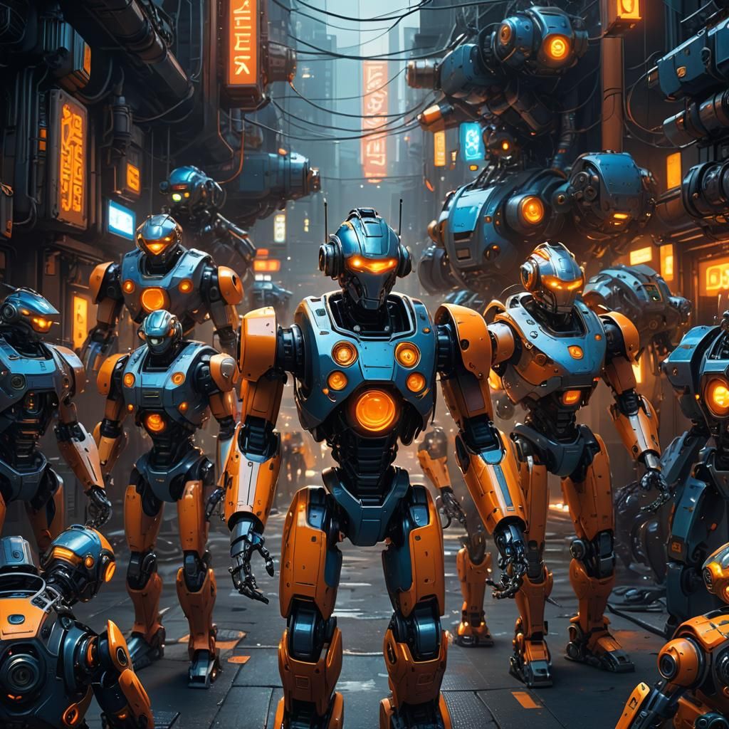 Robots Gathered in Oil-Painted Fantasy Art