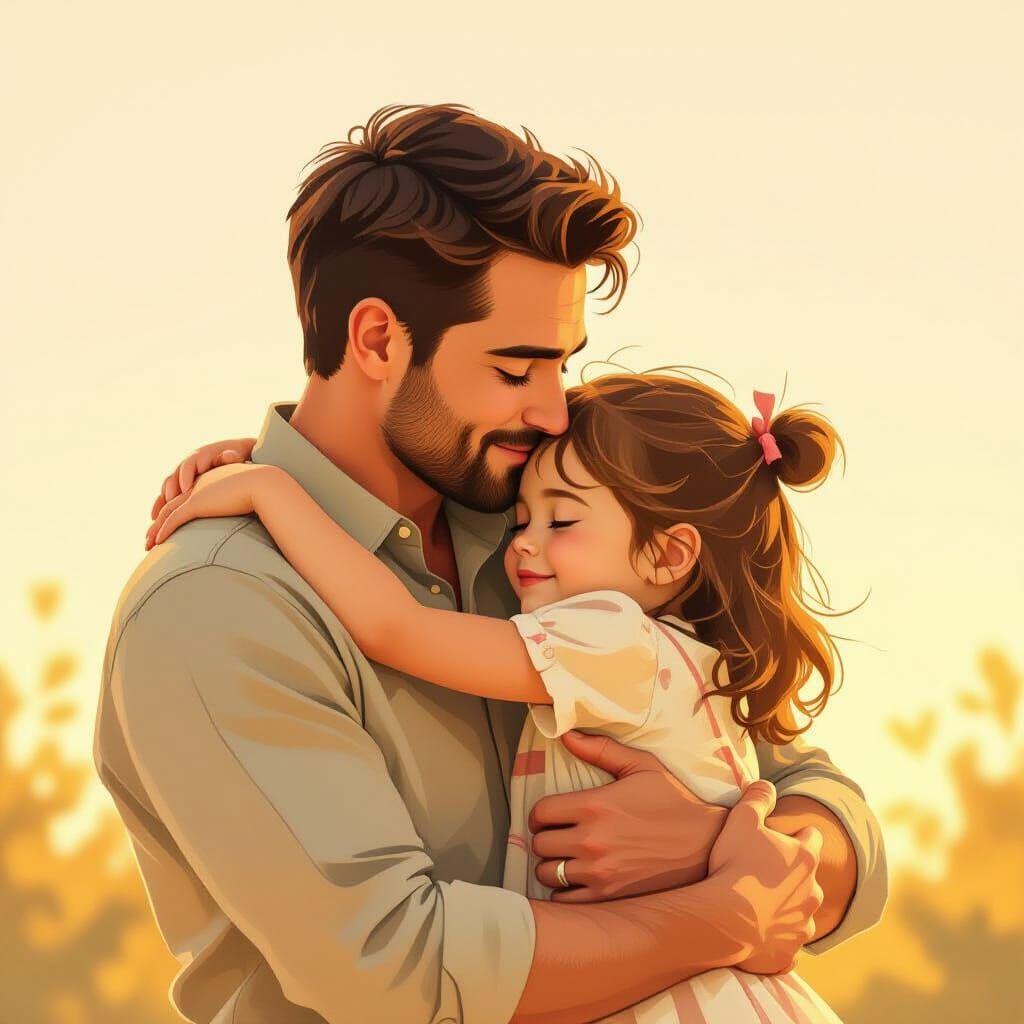 Loving Father Hugs Daughter in Gentle Illustration Style