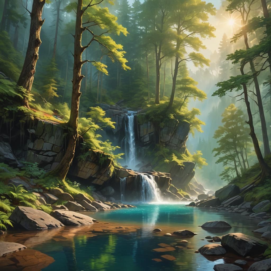 Lush Waterfall in Forest: Digital Art Landscape