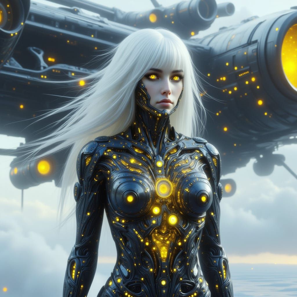 A female with stark white wispy hair, neon glowing yellow ey...