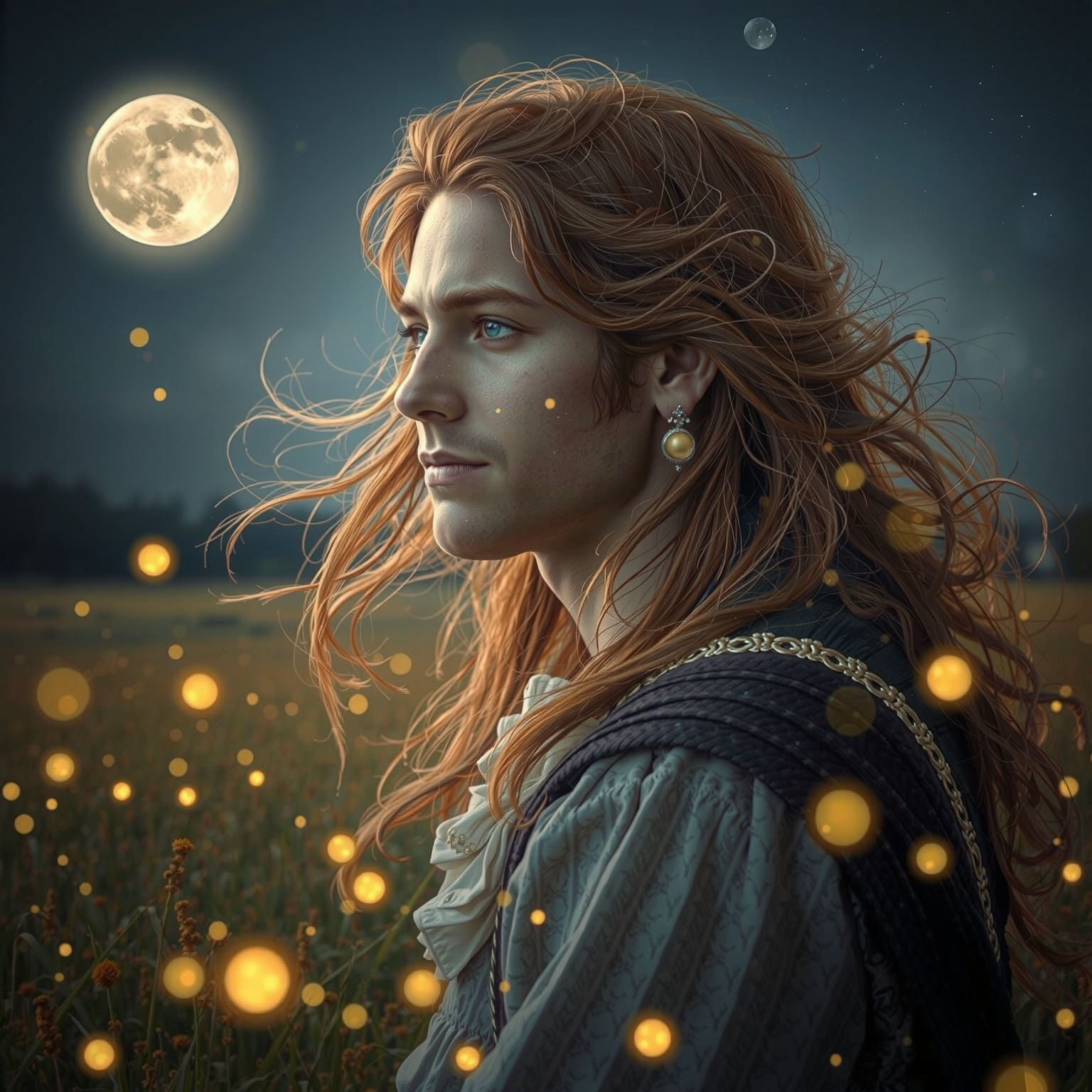 Dreamlike Portrait with Fireflies in Art Nouveau Style