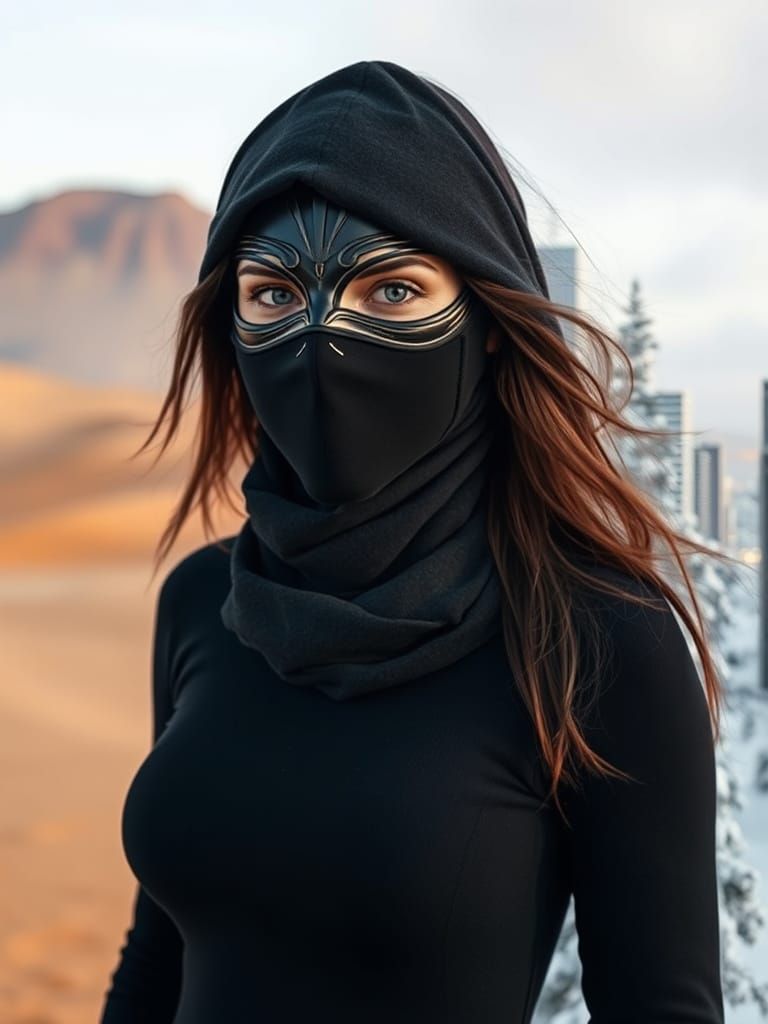 Lady in Black Mask Across Diverse Landscapes