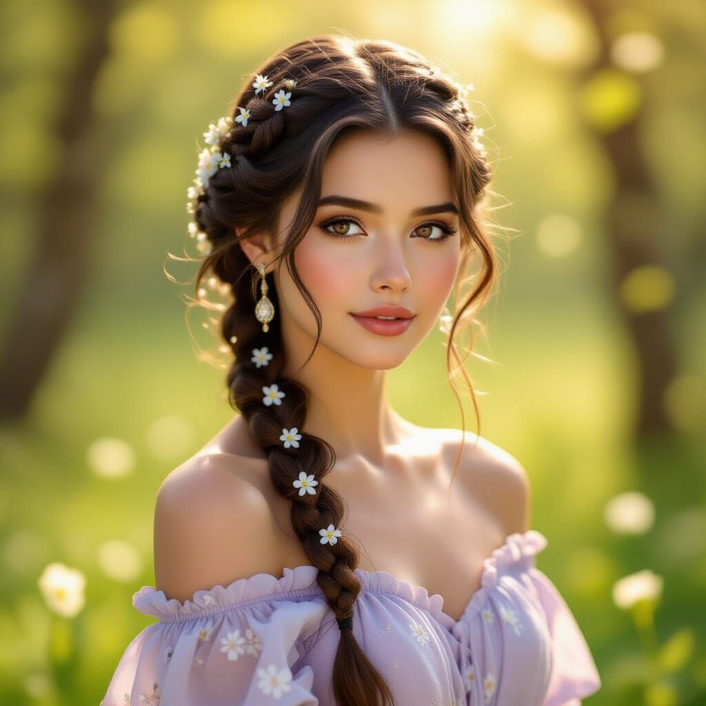 Woman with Braided Hair in Spring Forest, Romantic Style