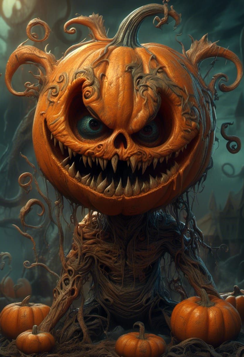 Evil Pumpkin Monster in Surreal Digital Art Style