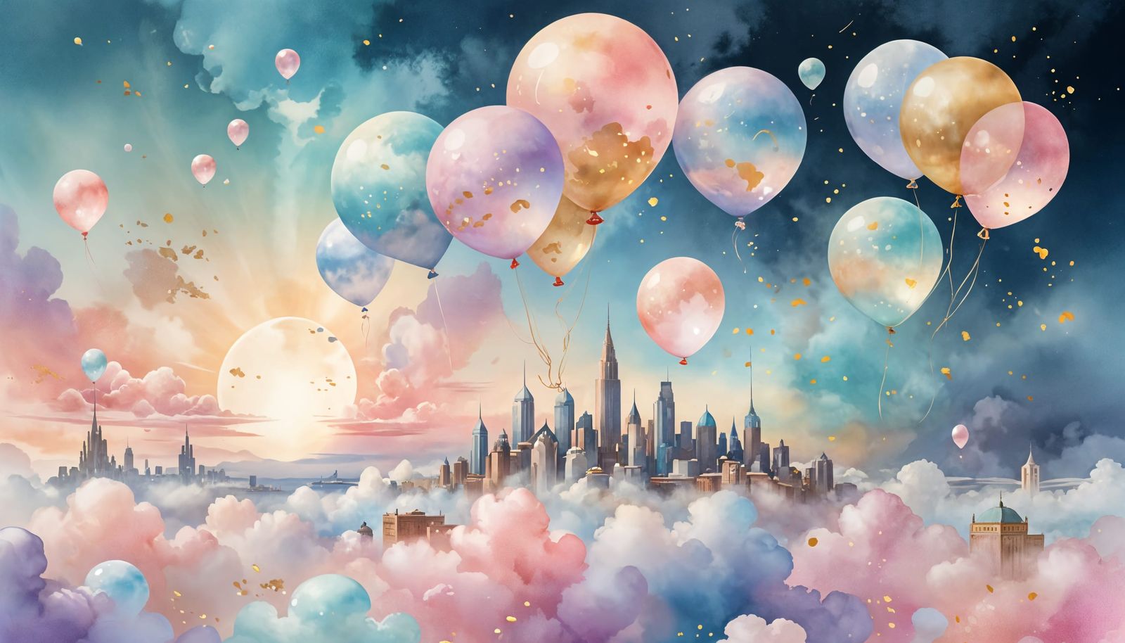 Ethereal Cloud Cityscape in Watercolor Wash