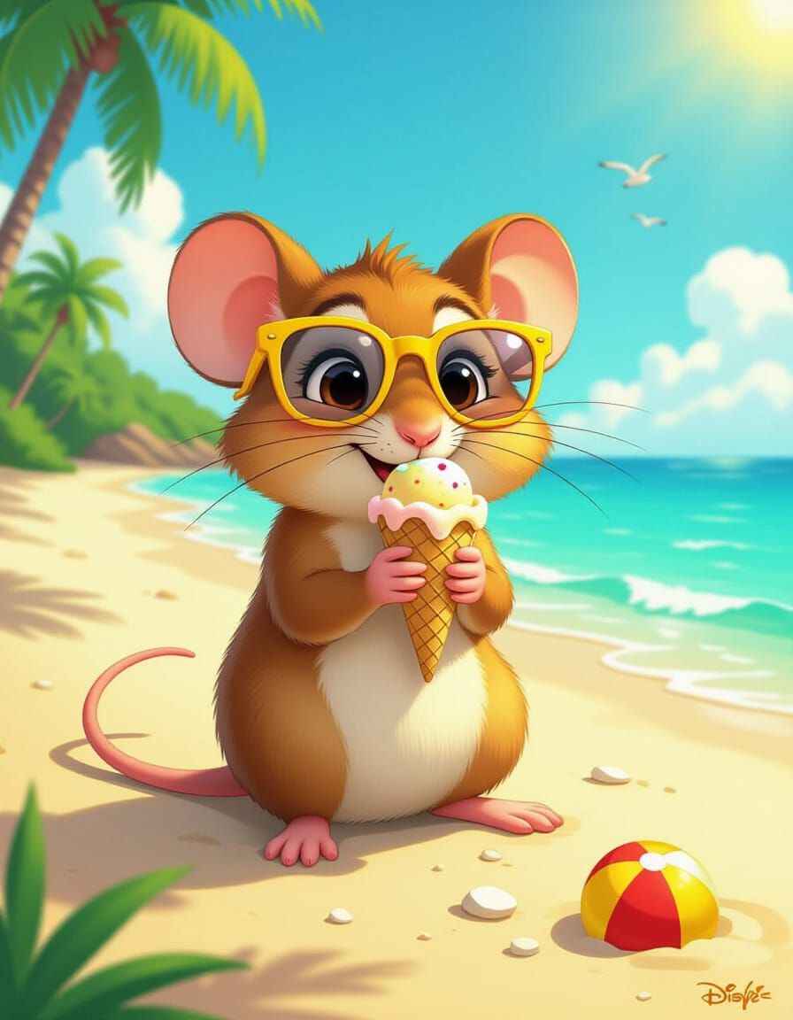 Cute Mouse Eats Ice Cream on Beach in Comic Art Style
