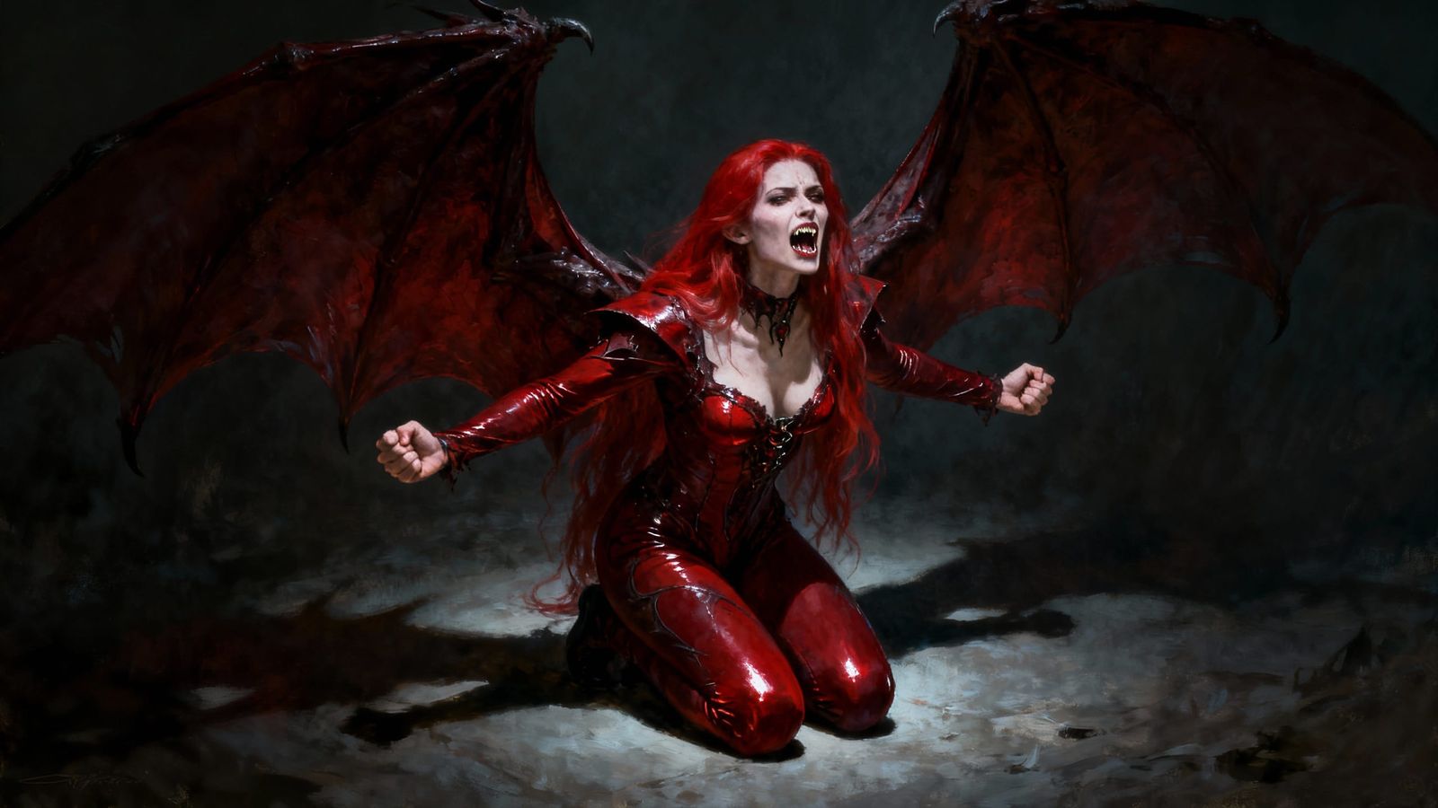 Vampire in Agony with Leathery Wings, Dark Romantic Oil Pain...