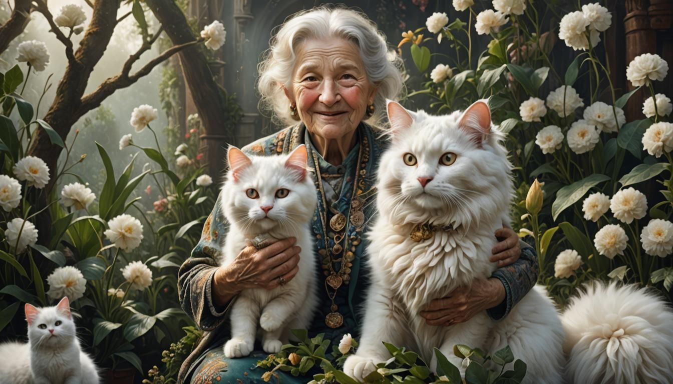 happy old woman with white cats