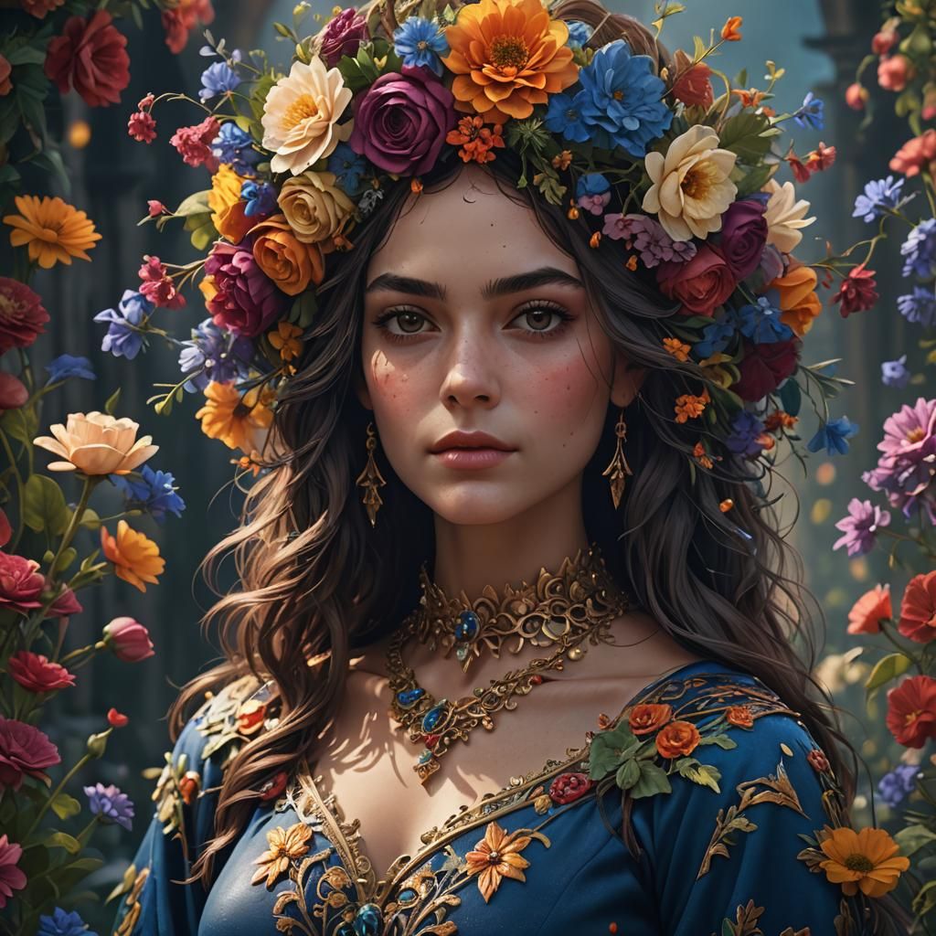 Beautiful Woman with Flower Crown: Fantasy Concept Art