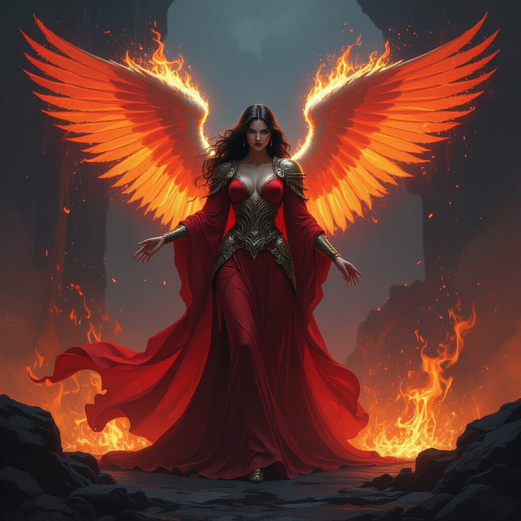 Fiery Angel with Crimson Robes and Blazing Wings