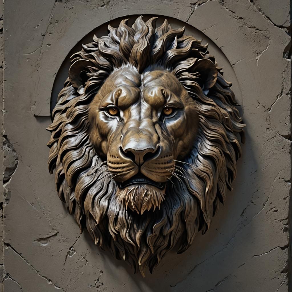 Lion Head Sculpture in Brutalist Style
