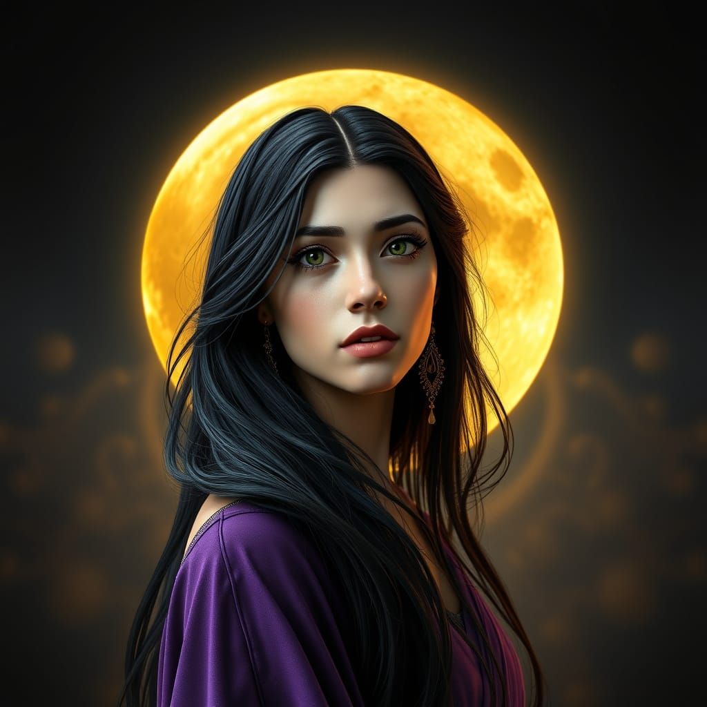 Middle Eastern Woman in Purple Gown with Golden Moon