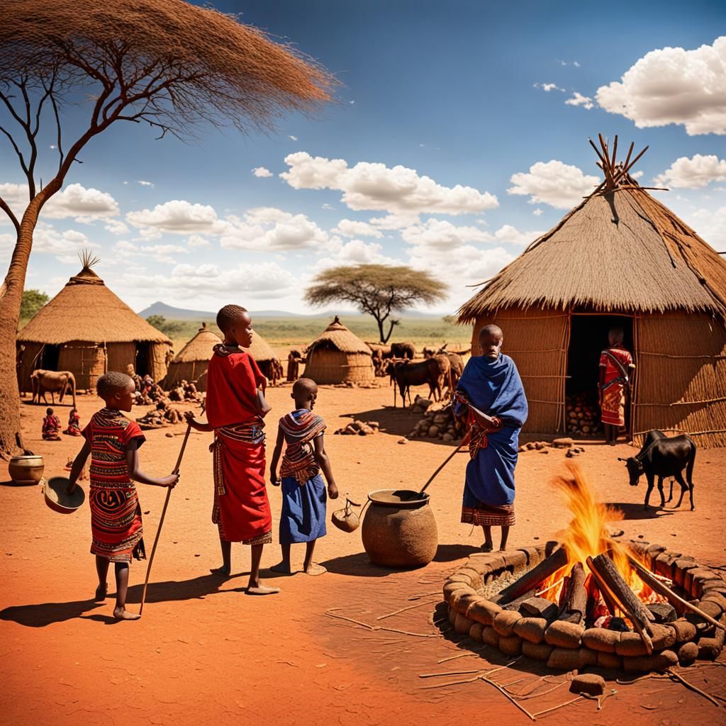Masai Village Life in African Folk Art Style