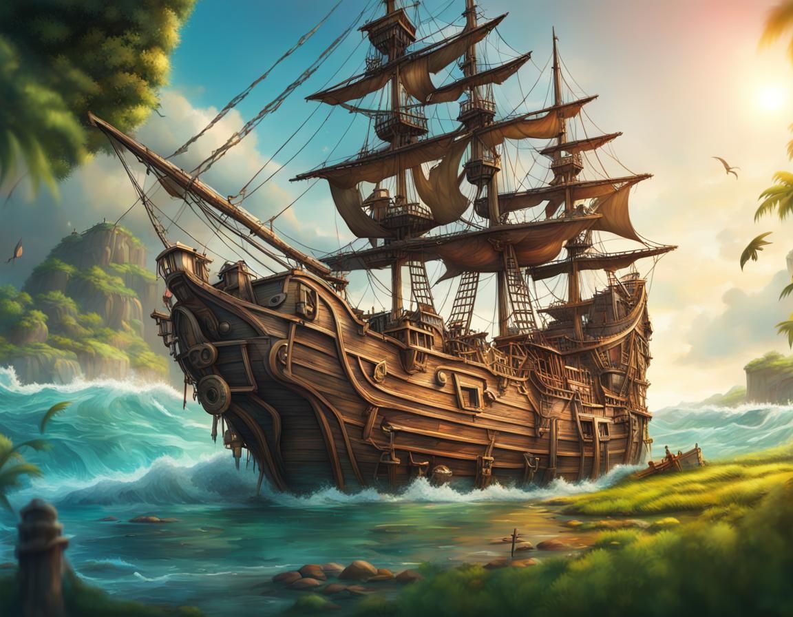 Intricate Pirate Ship House on Grassy Landscape