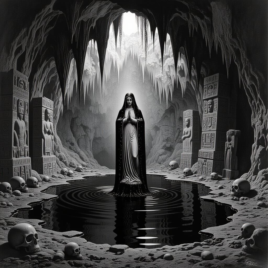 Surreal Cave Interior with Distorted Relics