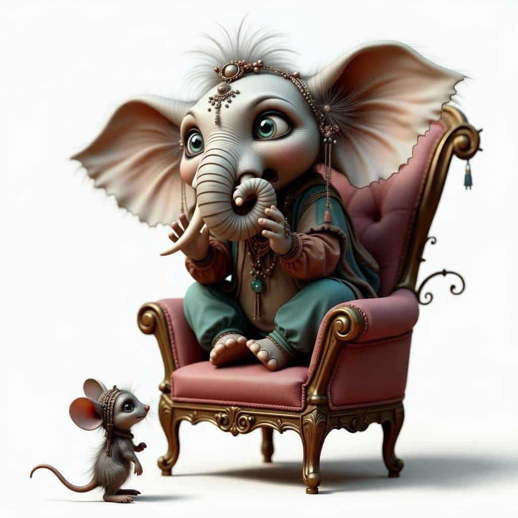 Whimsical Bohemian Elephant Scared of Mouse