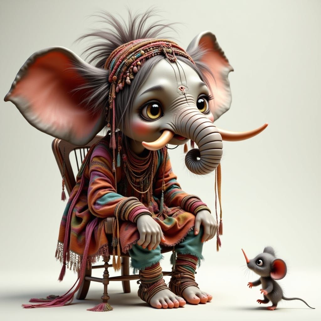 Bohemian Elephant Scared of Mouse on Chair