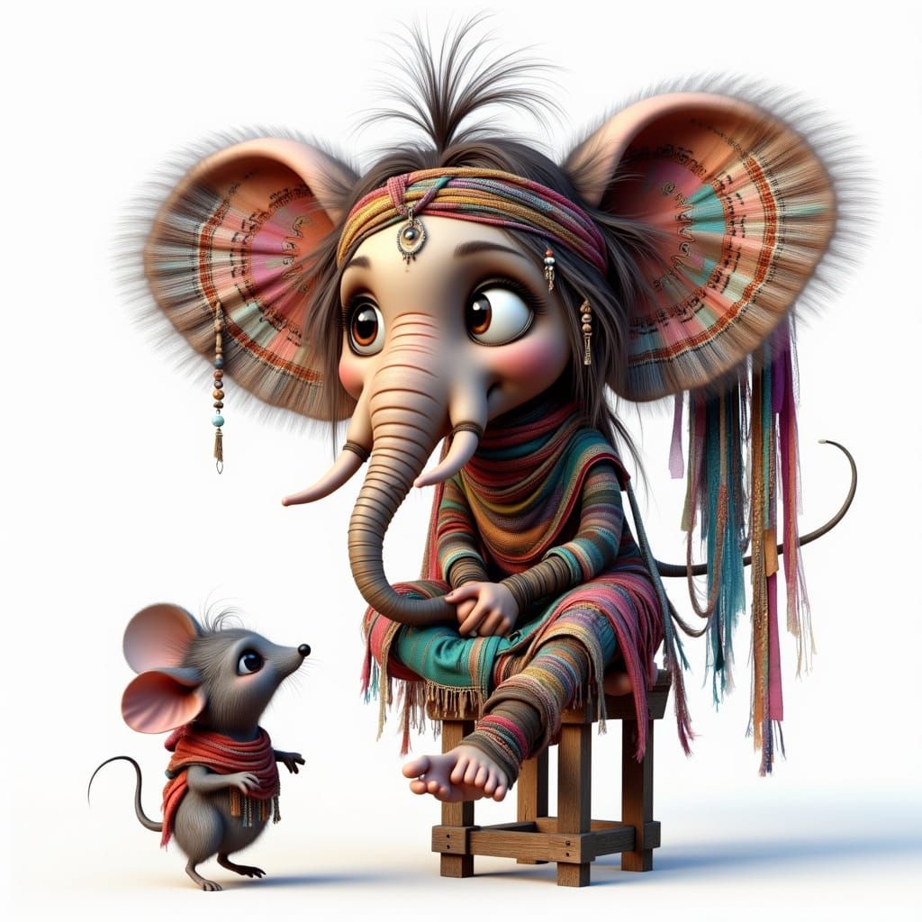 Bohemian Elephant Scared of Mouse in Whimsical Style