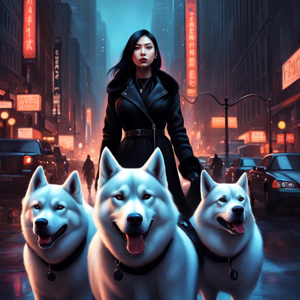 Goth Woman Walking Huskies in Manhattan at Night