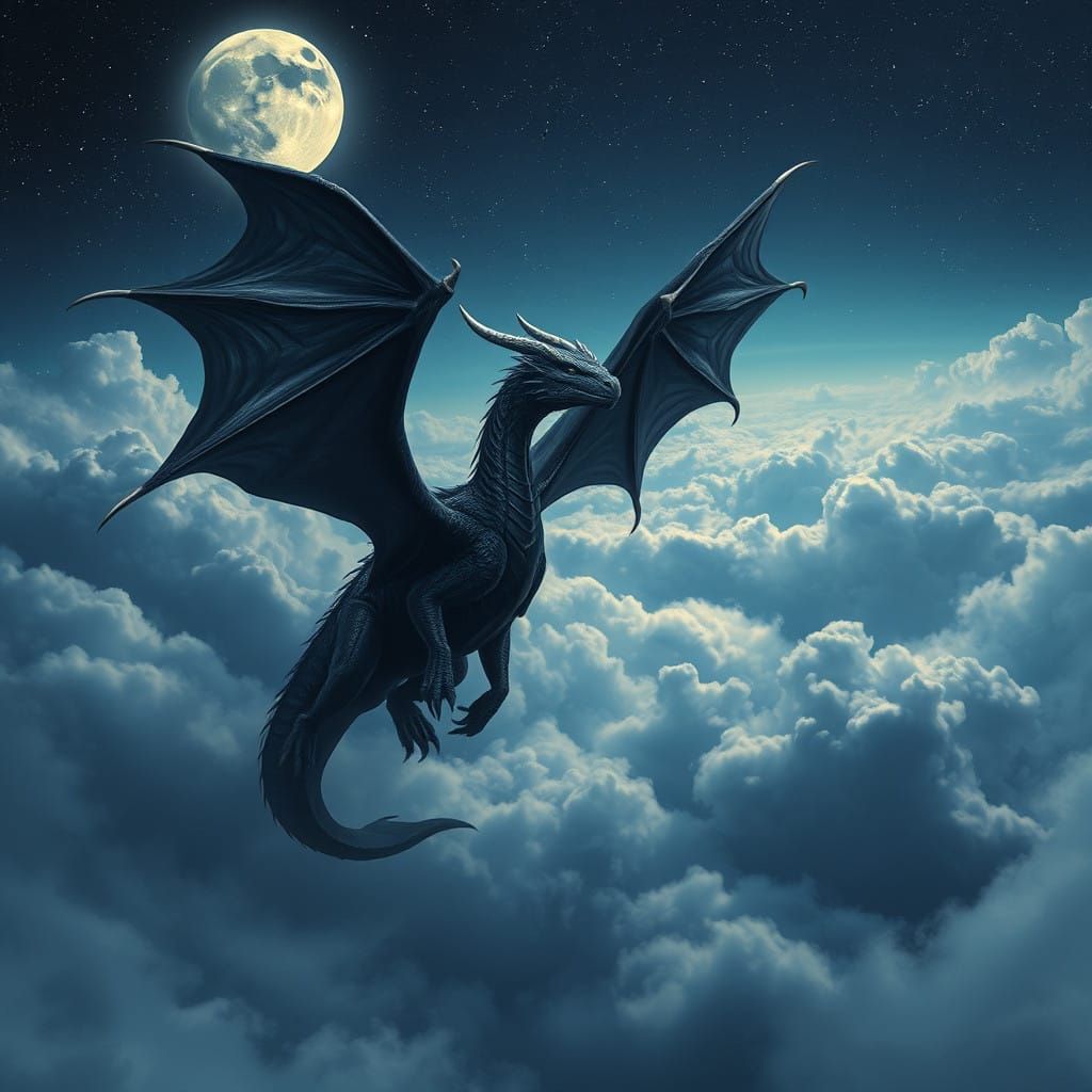 Majestic Black Dragon Soars through Starry Night Sky