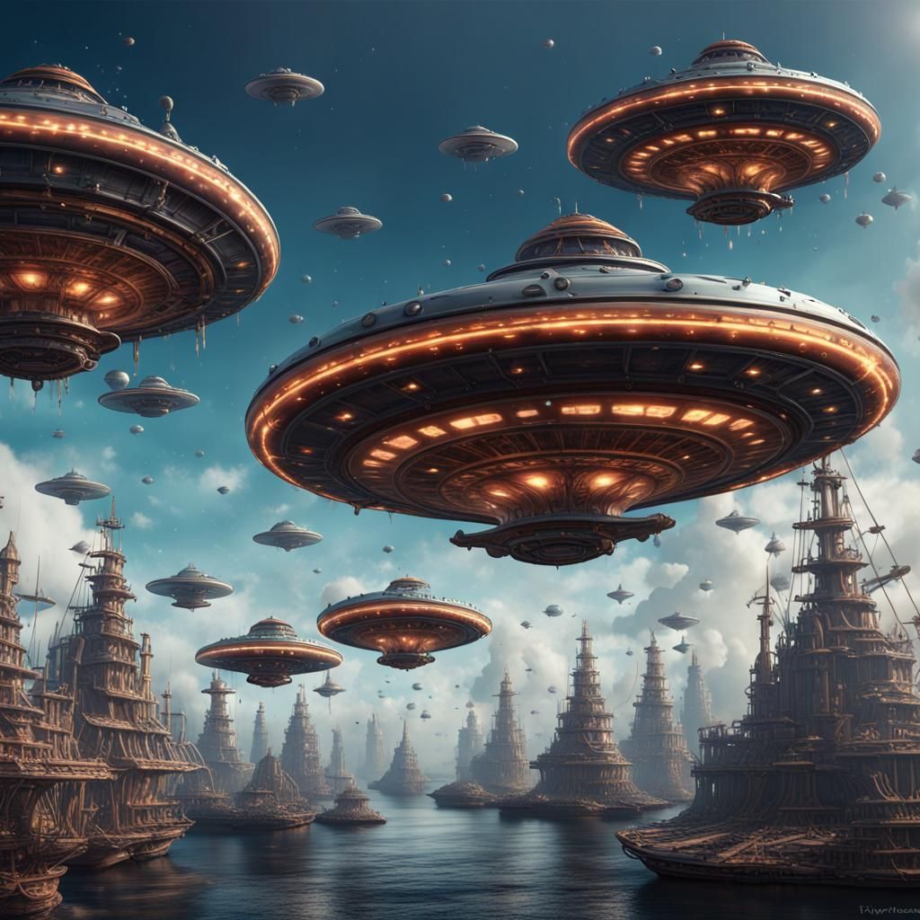 Spinning Flying Saucer Fleet in Detailed Matte Painting