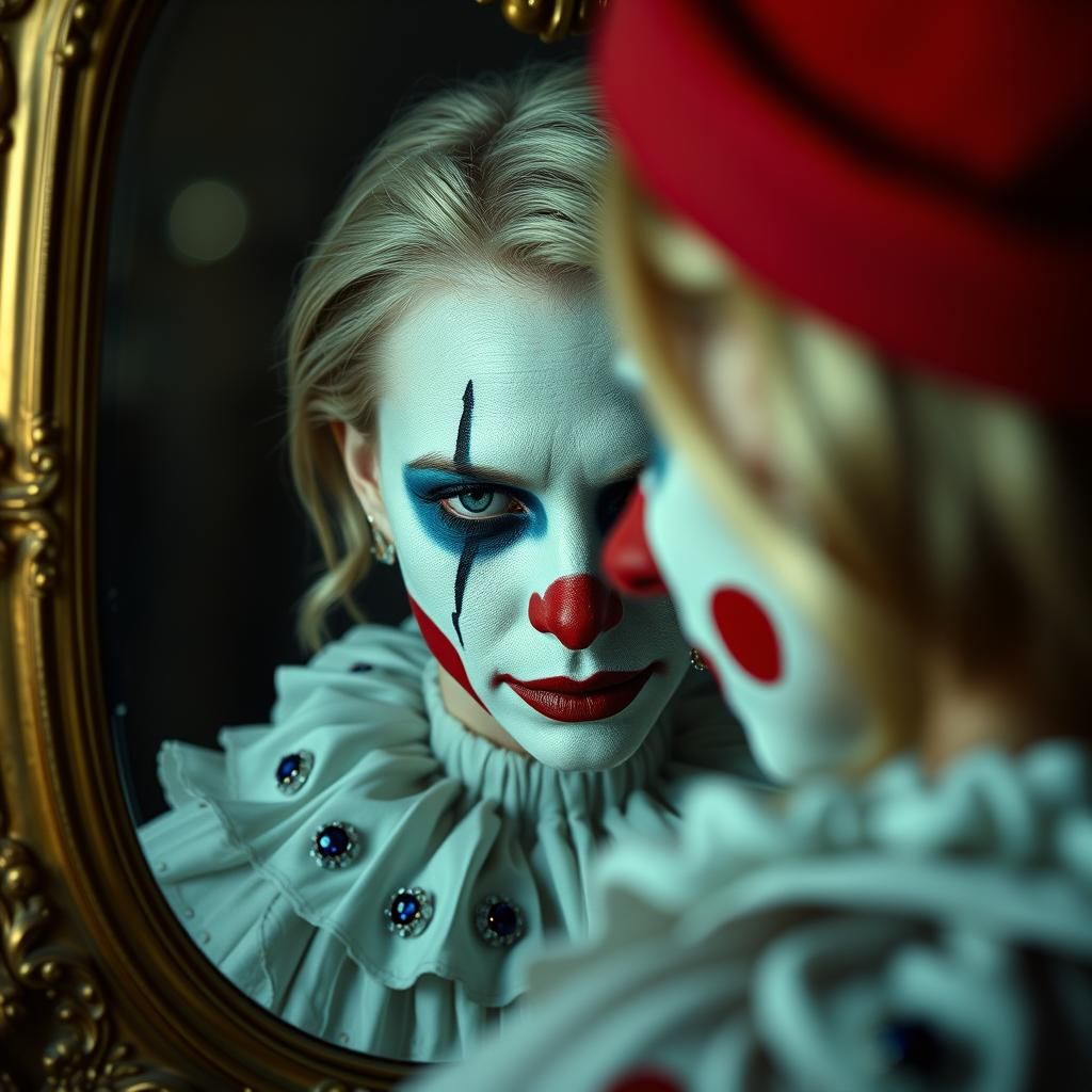 Melancholic Clown Reflection: Cinematic Gem-Studded Portrait