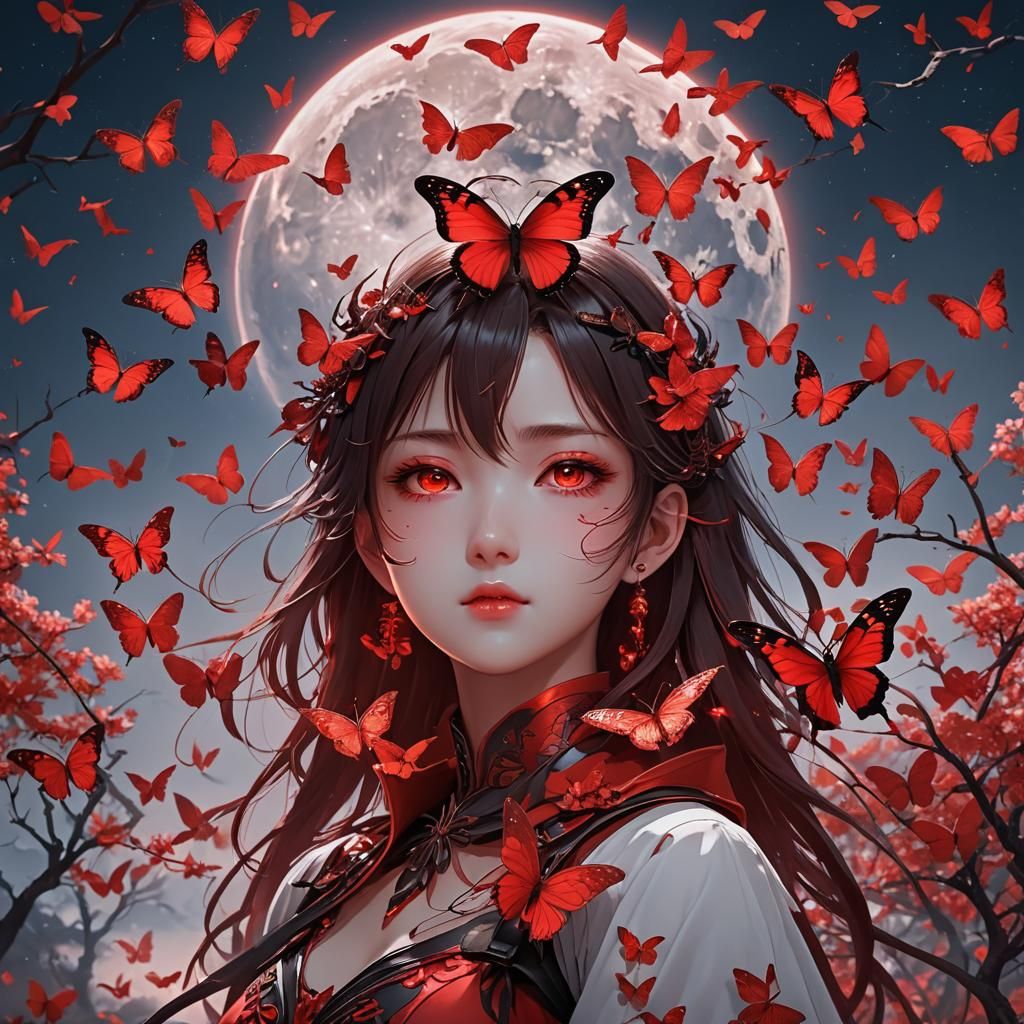Red Moon Eclipse with Crimson Butterfly in Anime Style
