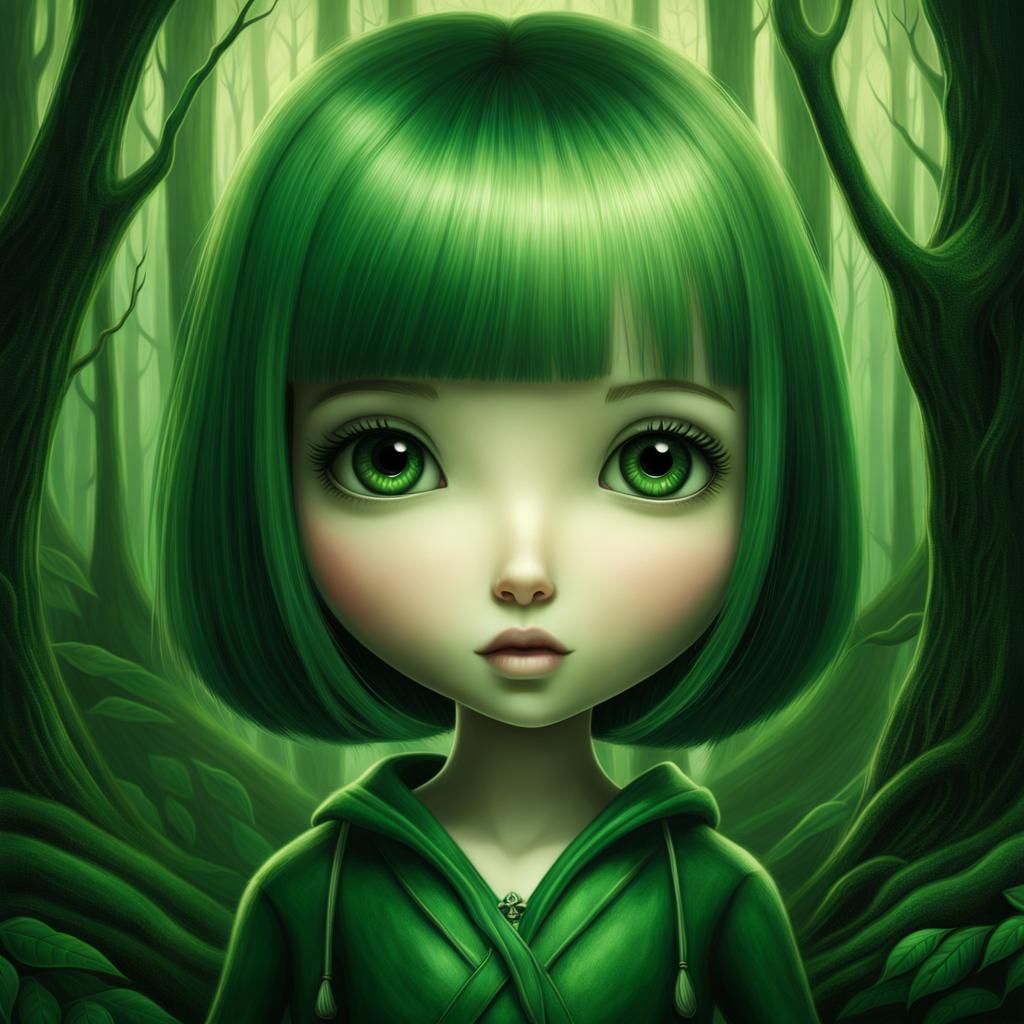 Chibi Girl Portrait in Green Forest, Digital Art