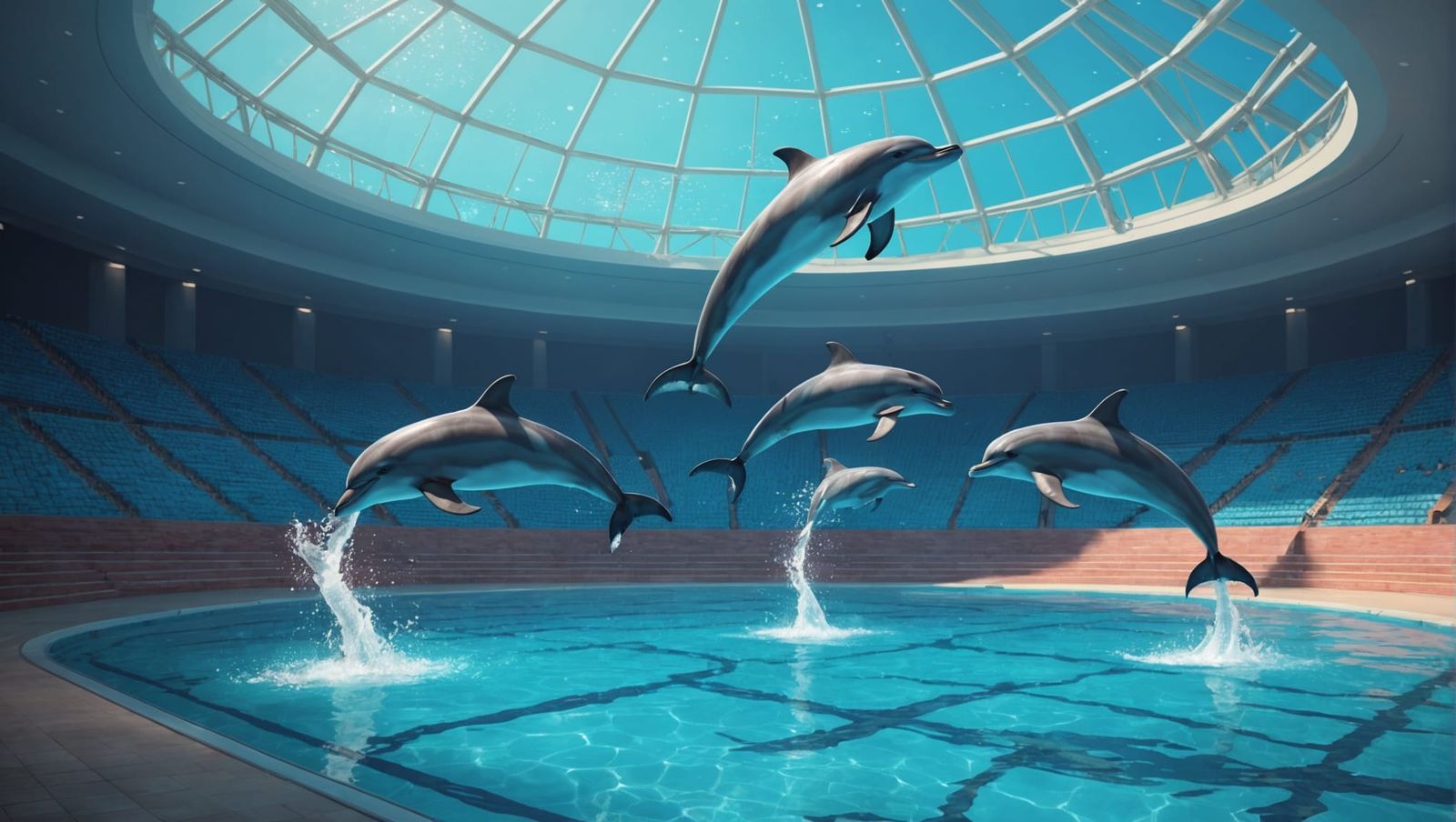 Dolphins Synchronized Swimming in Aquatic Arena, 3D Art
