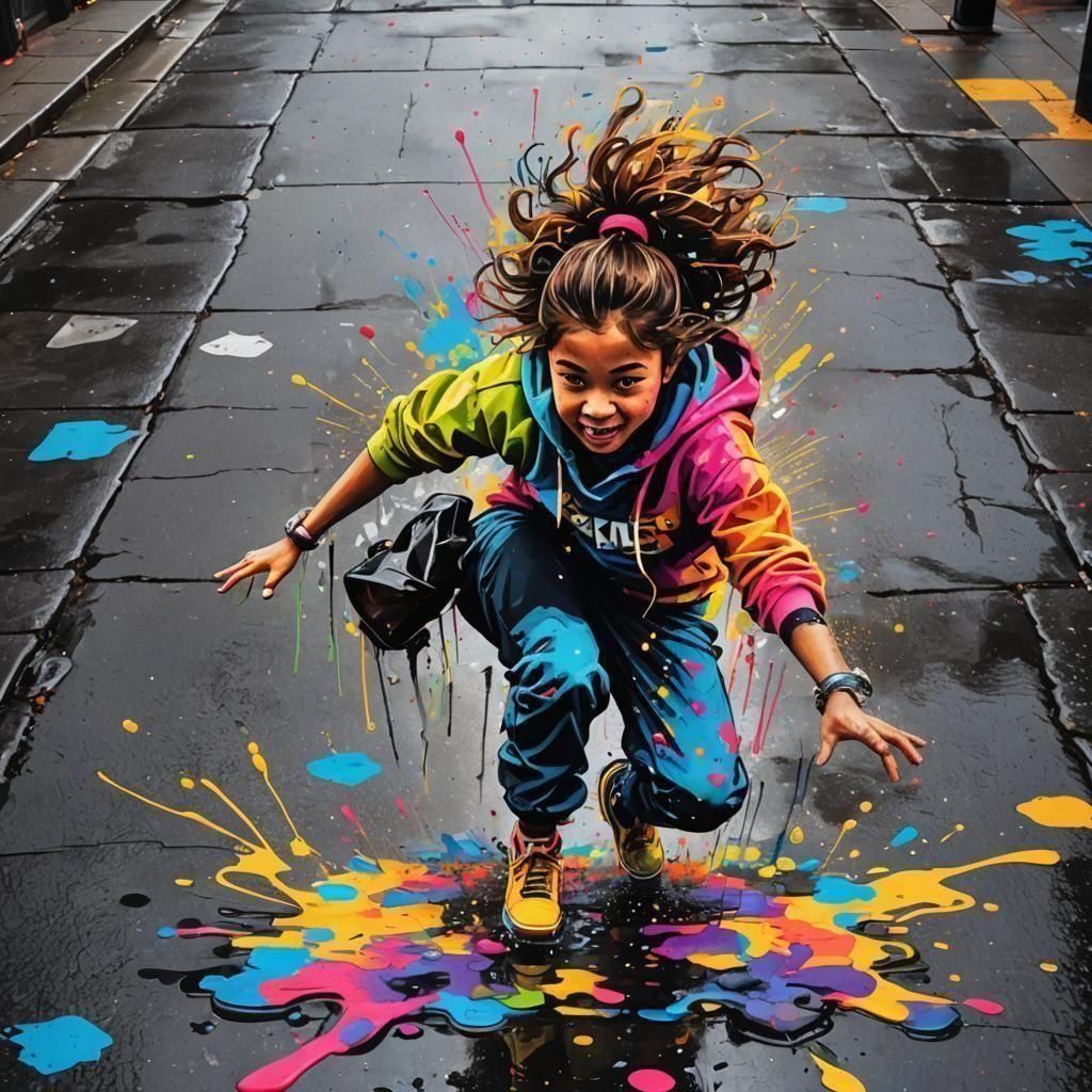 Girl Breakdancing in Puddle: Graffiti Street Art