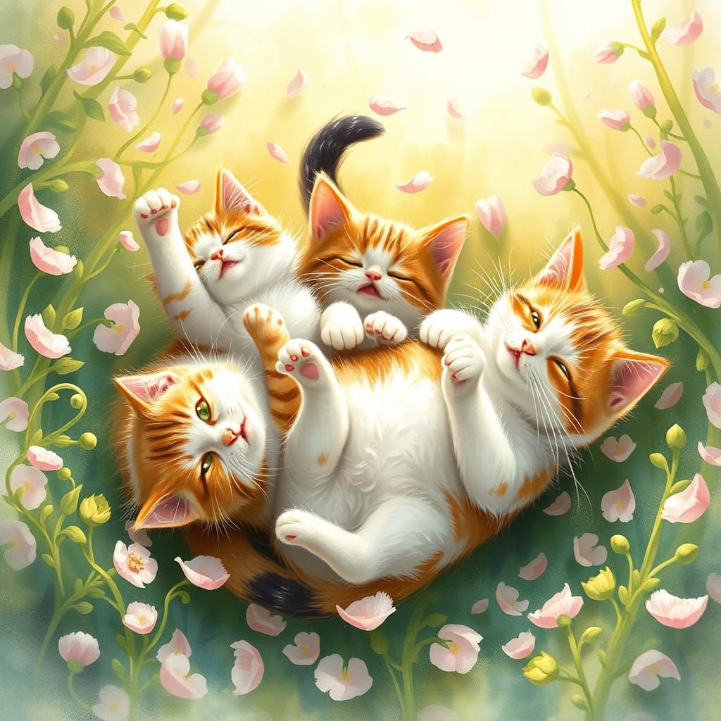 Whimsical Felines Play in a Vibrant Catnip Garden