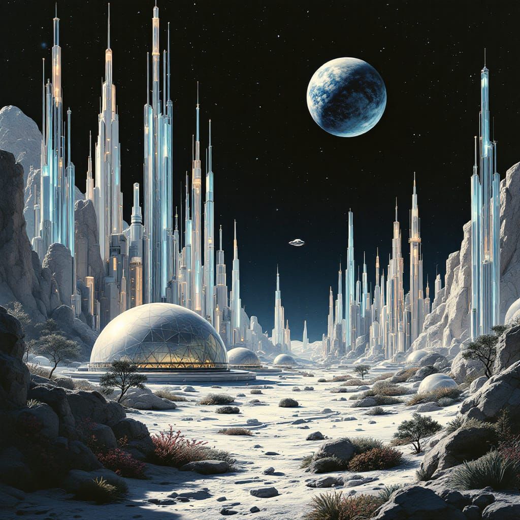 Retro-Futuristic Lunar City in Space Opera Scene