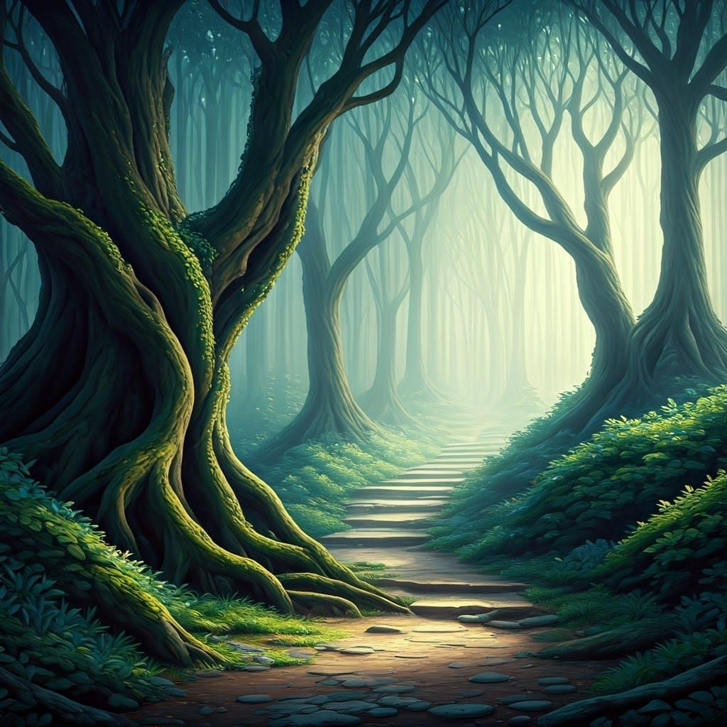 Mystical Forest Scene in Art Nouveau Style