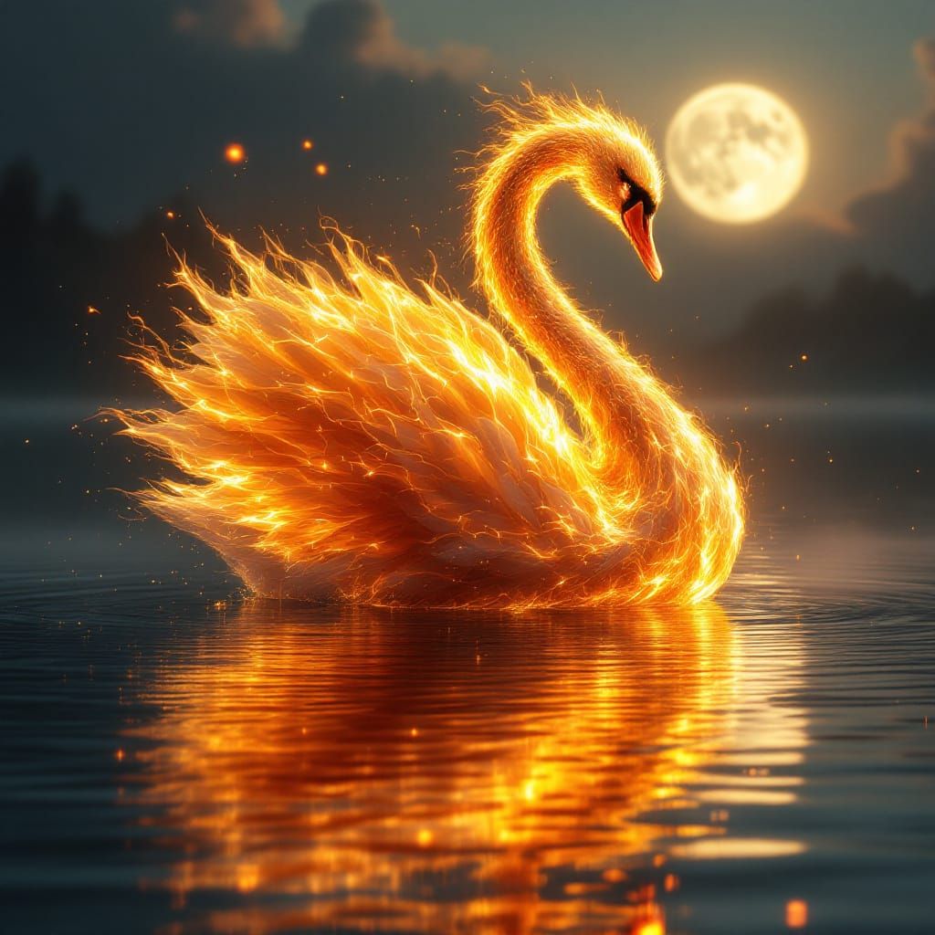 Fiery Swan on Moonlit Lake