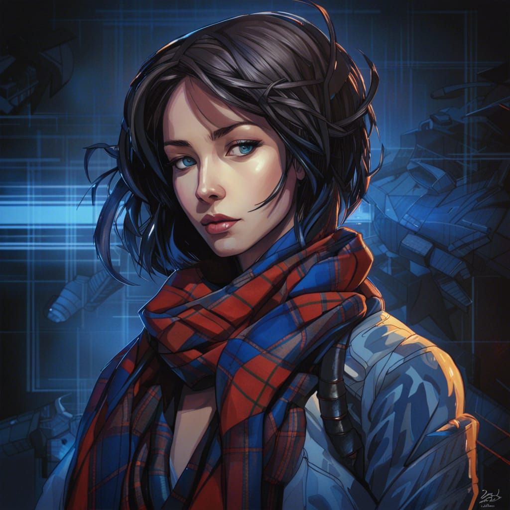 Woman with Tartan Scarf in Cyberpunk Style