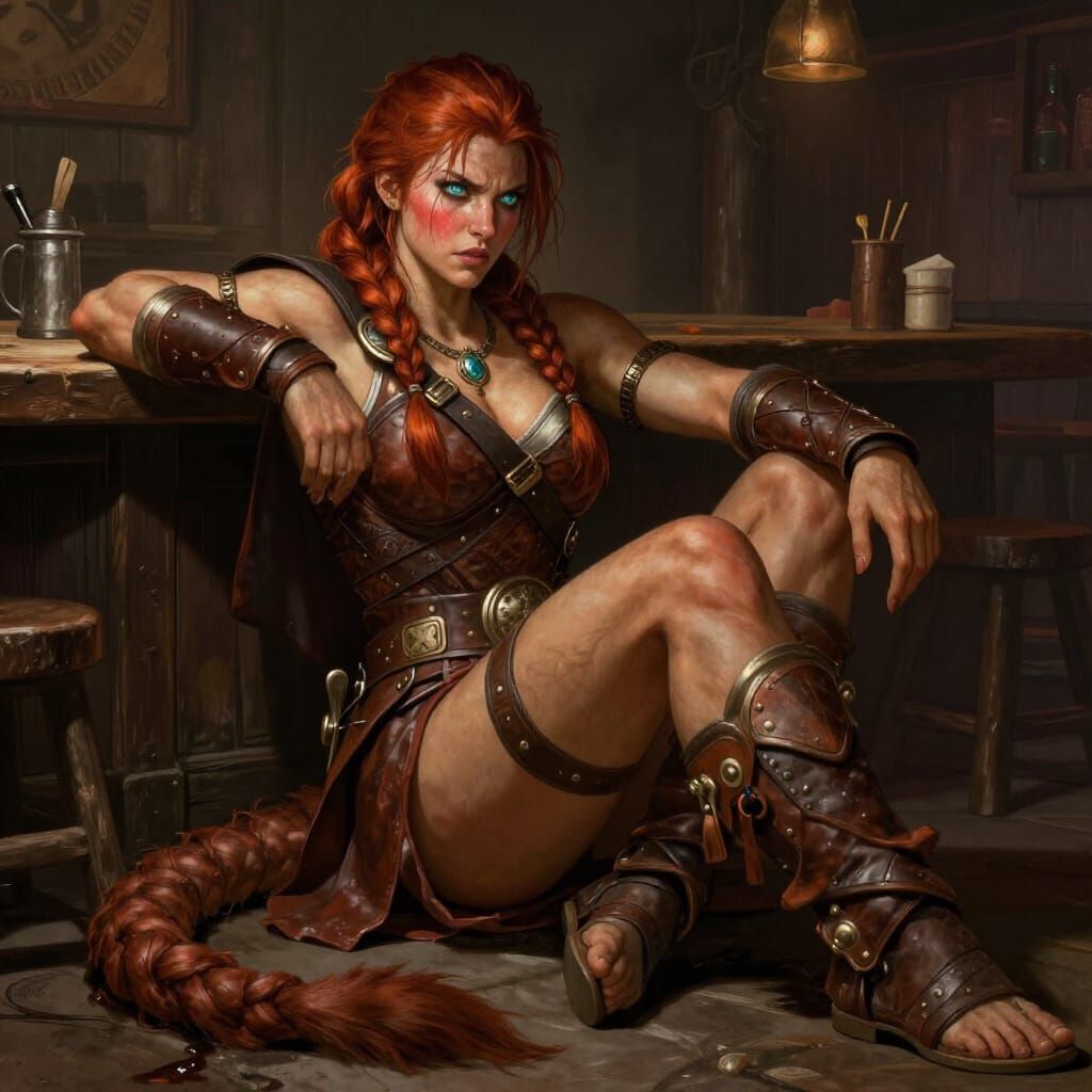 Amazon Warrior Woman in Tavern, Muscular, Leather Armor