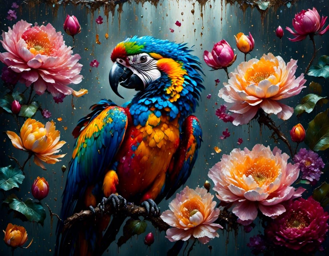 Colorful Macaw in Lotus Pond: Impasto Gouache Painting