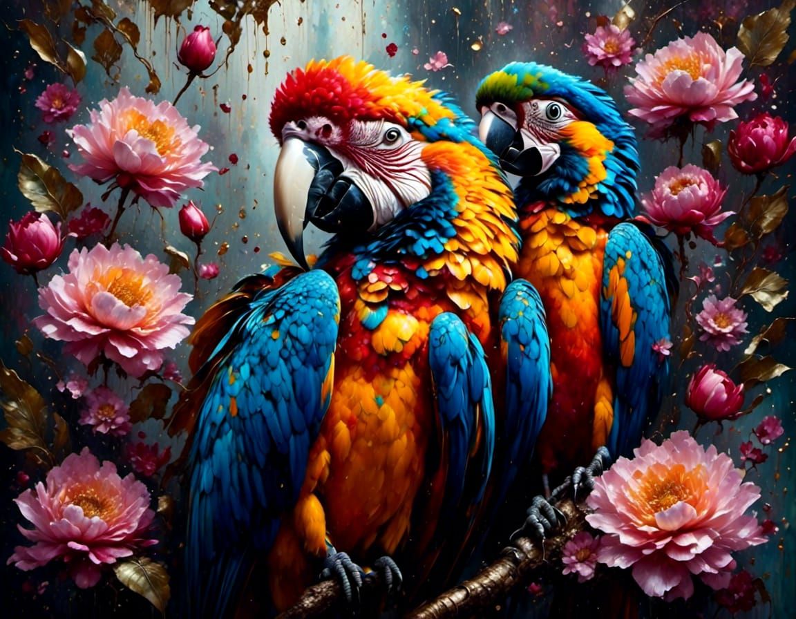 Macaw in Lotus Pond as Impasto Gouache Painting