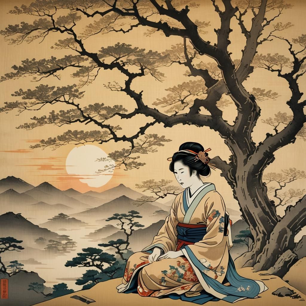 Ukiyo-e, geisha under a bonsai tree with a sunrise in the ba...