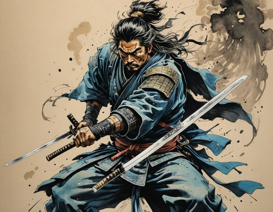 Dynamic Samurai Warrior in Manga Style