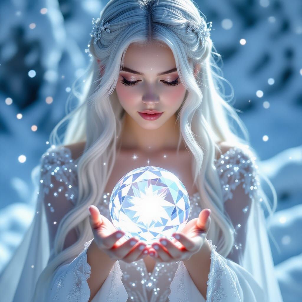 Luminous Girl with Crystal Orb in Dreamlike Style