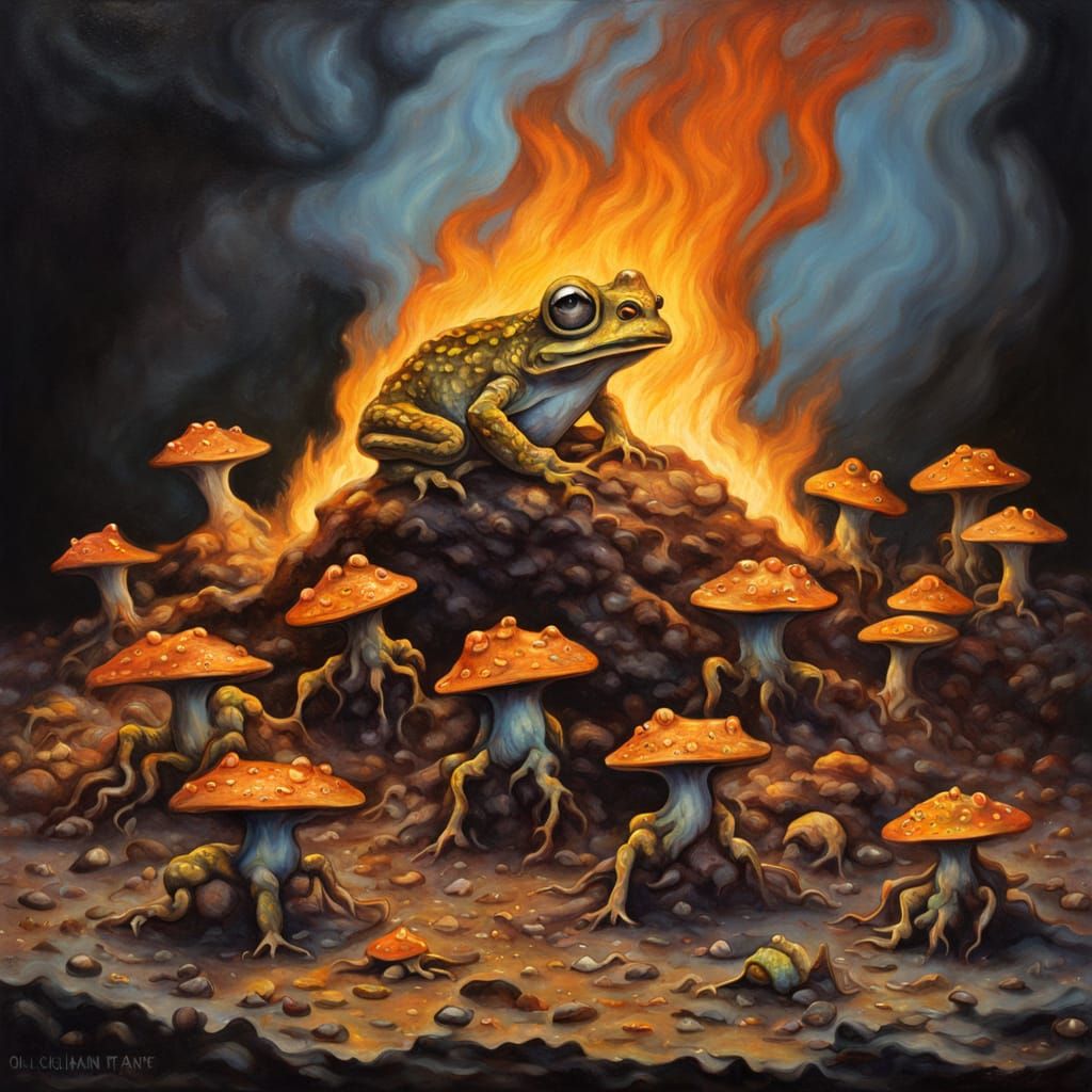 Surreal Toadstools Bloom in Fireplace Oil Painting