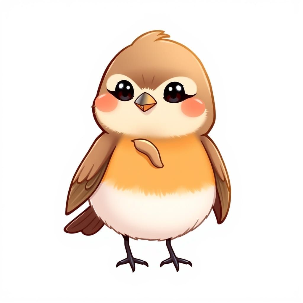 Chibi Robin Bird with Worm in Pastel Colors