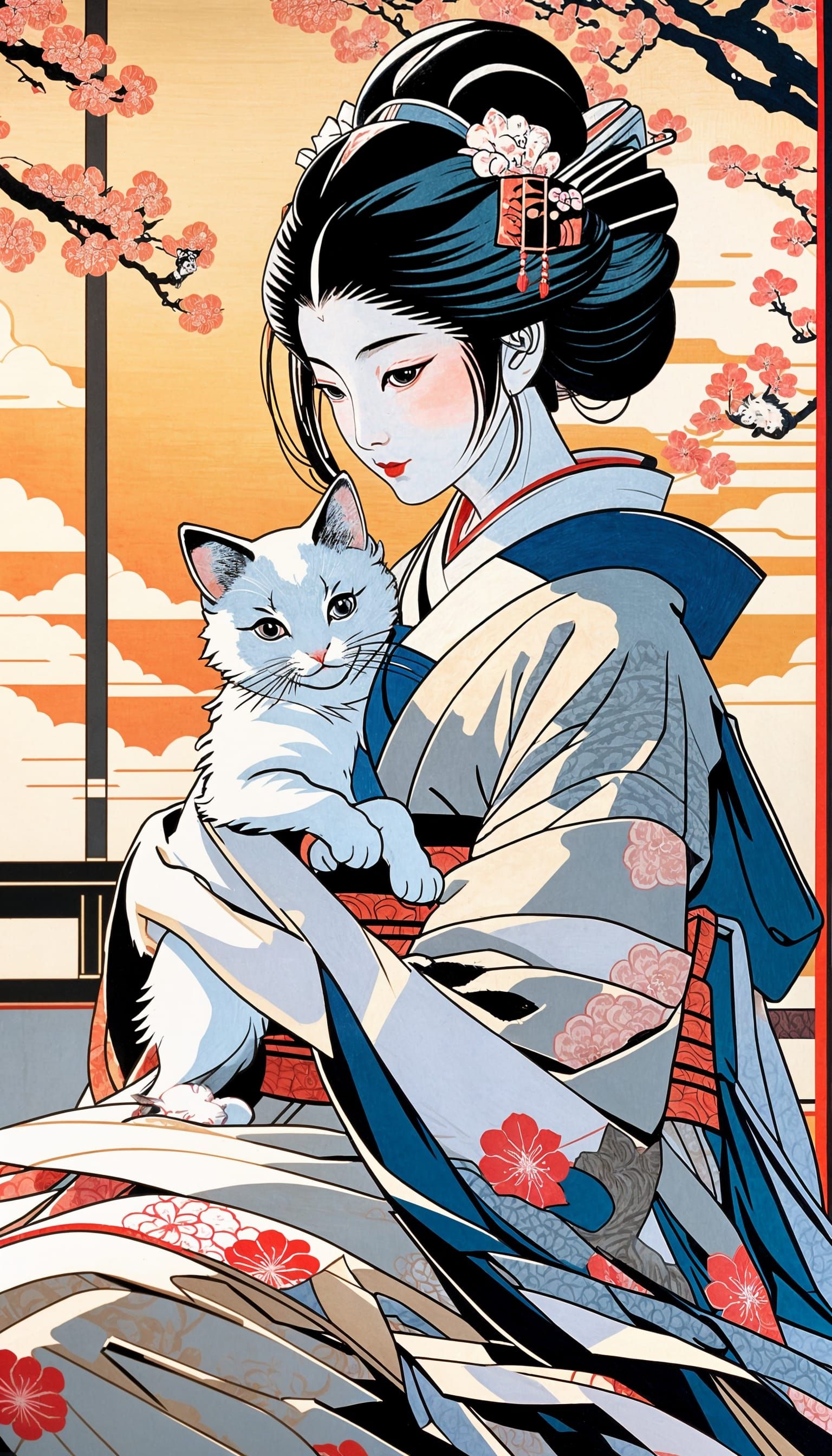 Geisha and Kitten in Ukiyo-e Style Under Sakura Tree