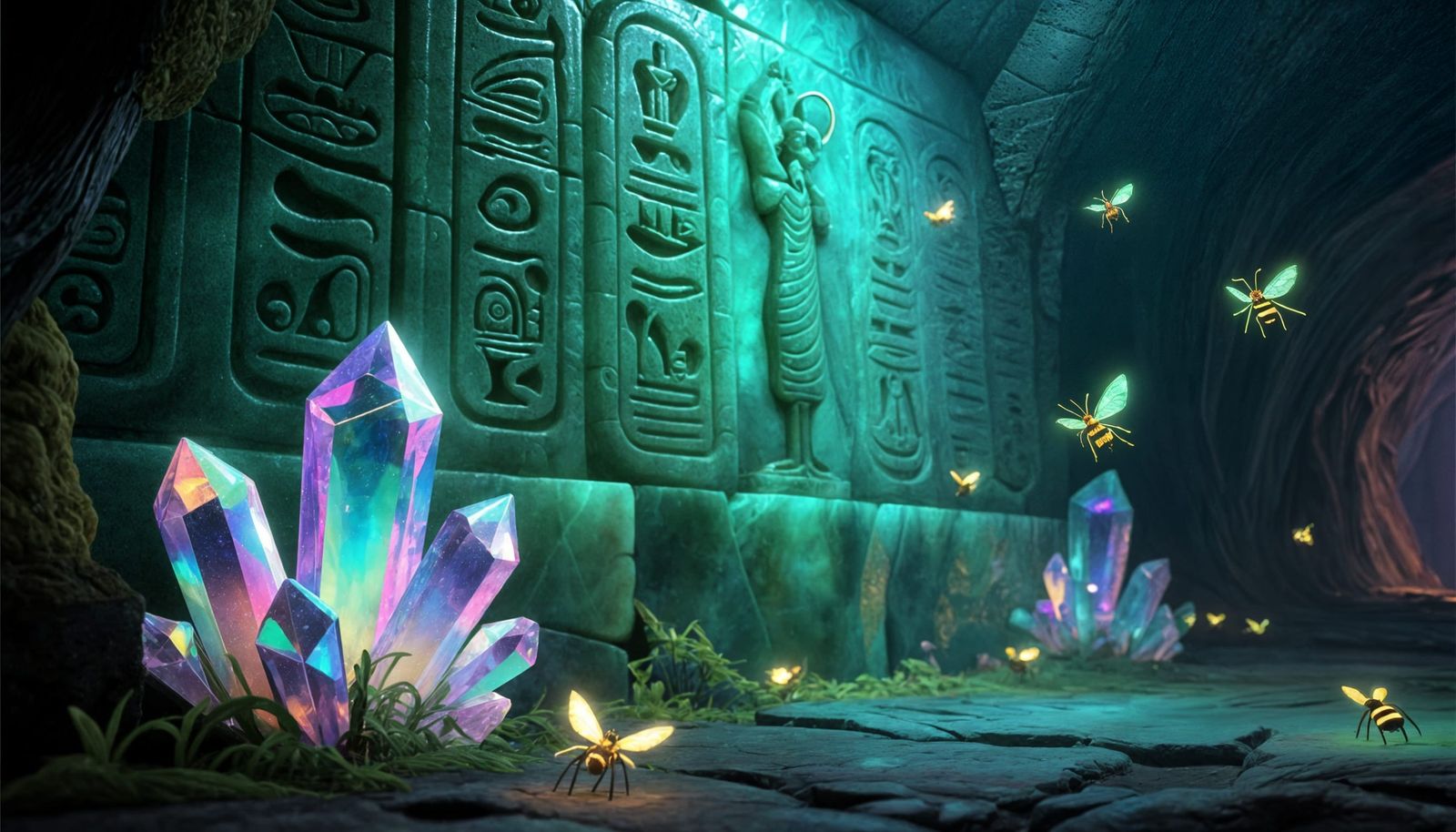 Fairy Hieroglyphics on Jade Walls with Glowing Insects